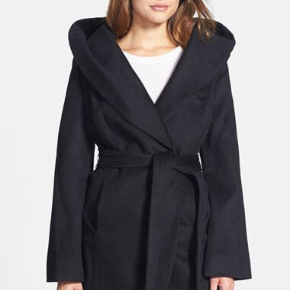 $370 Tahari Wool Blend Belted Wrap Coat shawl collar Black Jacket Winter S/M/L - Picture 2 of 8